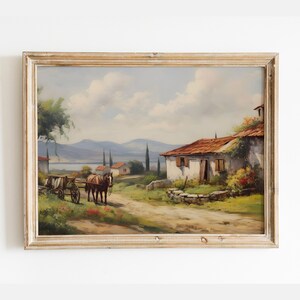Vintage alte mediterrane Malerei, Land Landschaftsmalerei, Pferd zieht einen Wagen, Bauernhäuser Malerei, Country Lane Print, druckbare Kunst