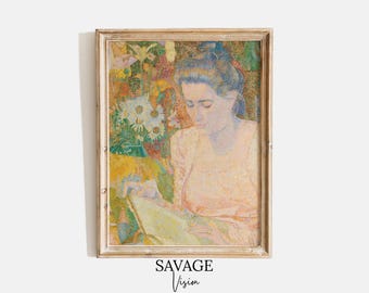 Vintage Pointillist Portrait, Woman Reading, Marie Jeannette de Lange (Digital Download)