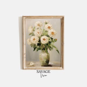 Vintage White Daisies Oil Painting, Antique Floral Wall Art (Digital Download)