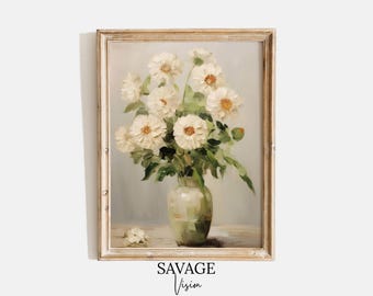 Vintage margrieten schilderij, bloemenvaas schilderij, botanische kunst aan de muur, antiek bloemen olieverfschilderij, neutraal decor boerderij