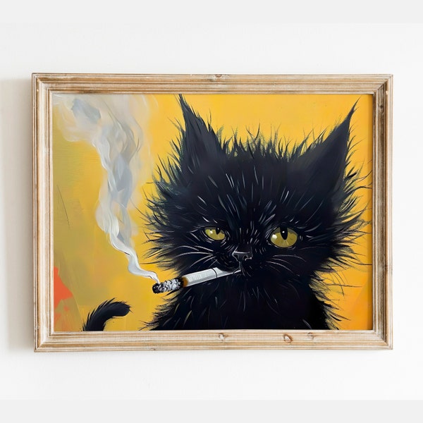 Black Cat Painting, Cat Smoking a Cigarette, Cat Wall Art, Cat Print, Cat Portrait, Unique Gift, Black Kitten Painting, PRINTABLE Art