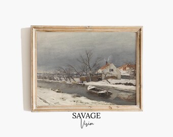 Vintage Snow Scene Wall Art, Rural Winter Landscape, Snowy Cottage Painting (Digital Painting)