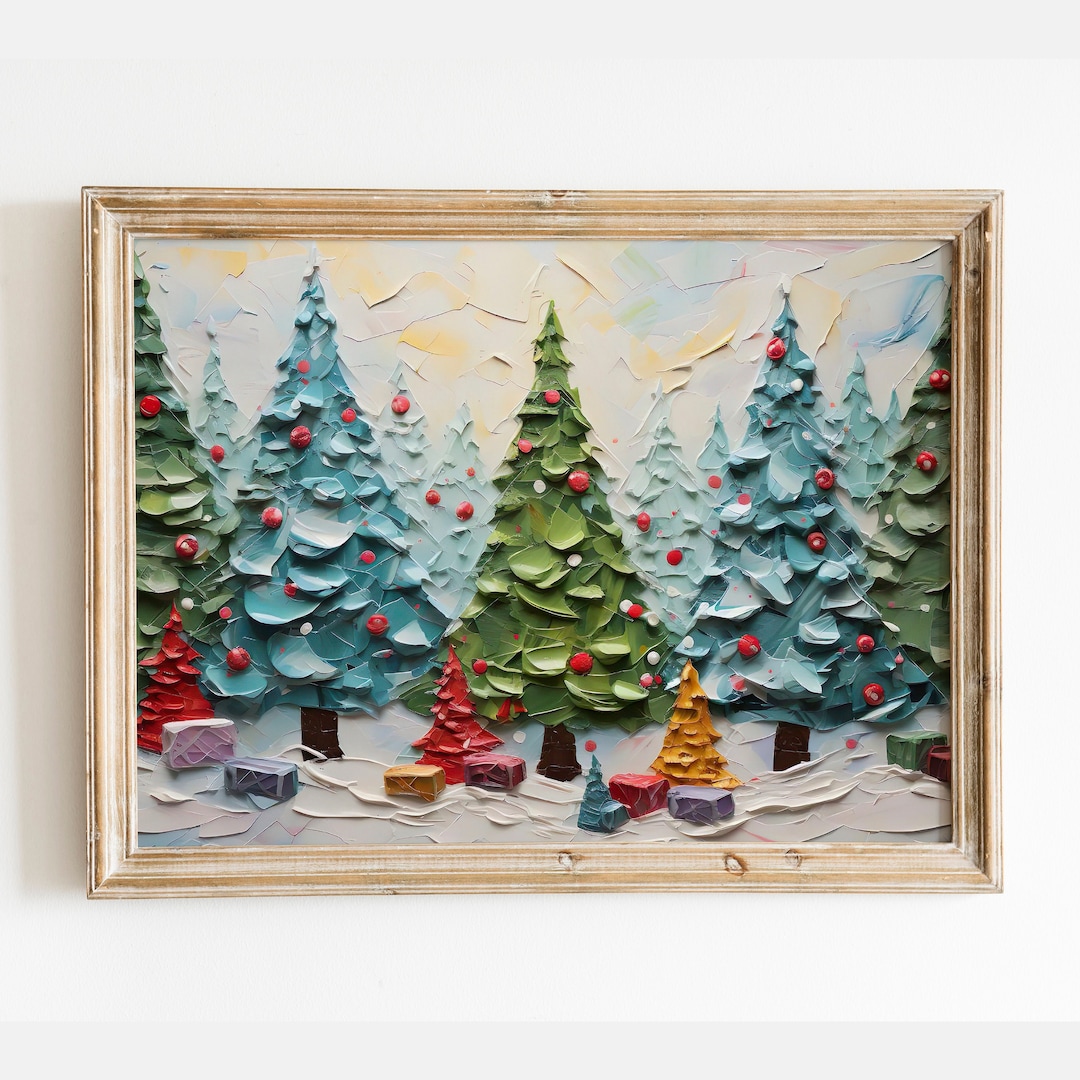 Christmas Trees Painting, Christmas Forest Painting, Vintage Christmas