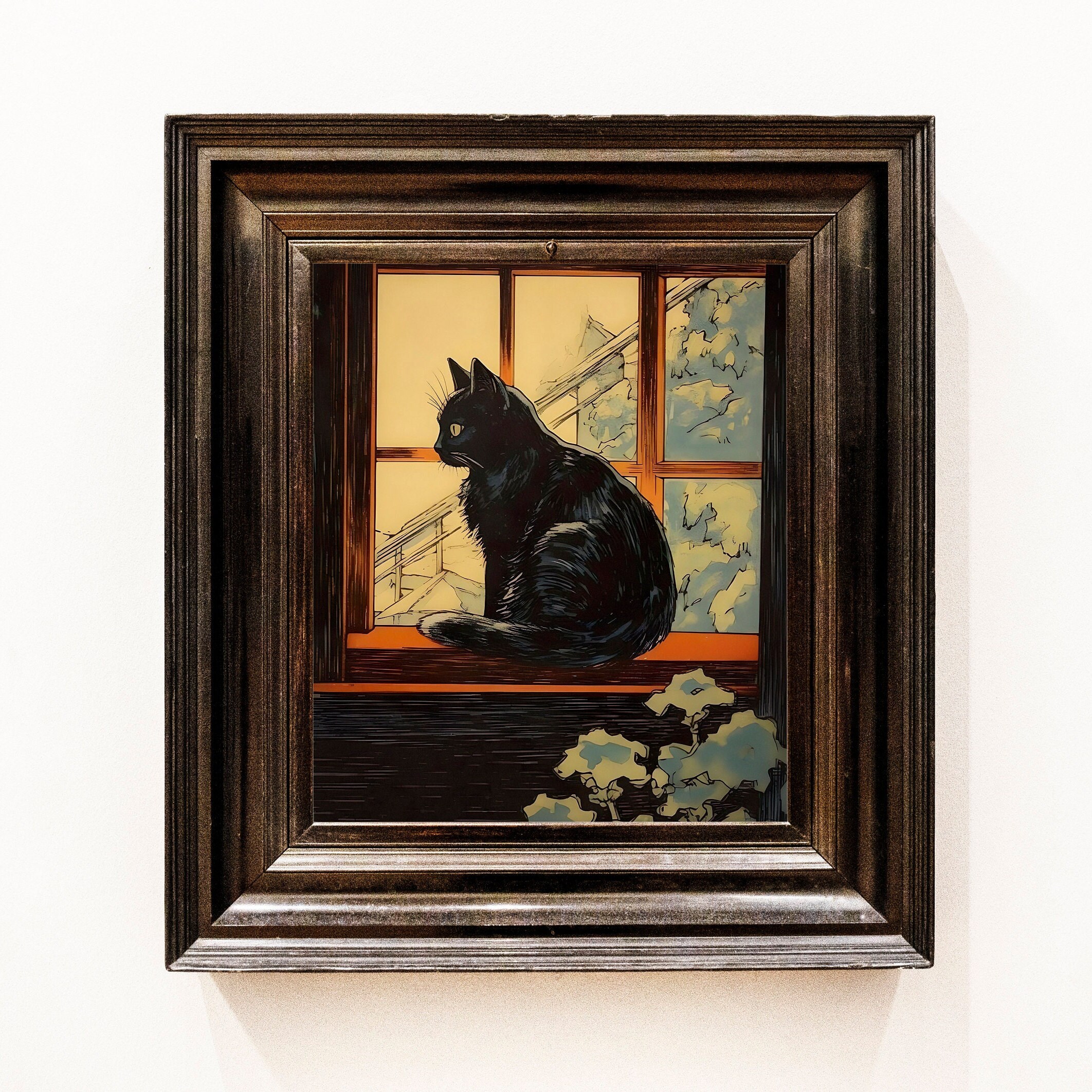 ヴィンテージの黒猫の絵画、窓辺の猫のプリント（デジタルダウンロード