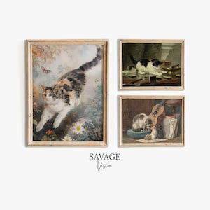 Vintage Katzen Galeriewand 3er Set, Antike Katzen Gemälde, Kätzchen Kunst, Katzendruck Wandkunst, Bauernhaus Dekor, rustikales Tier, Katzenliebhaber Geschenk