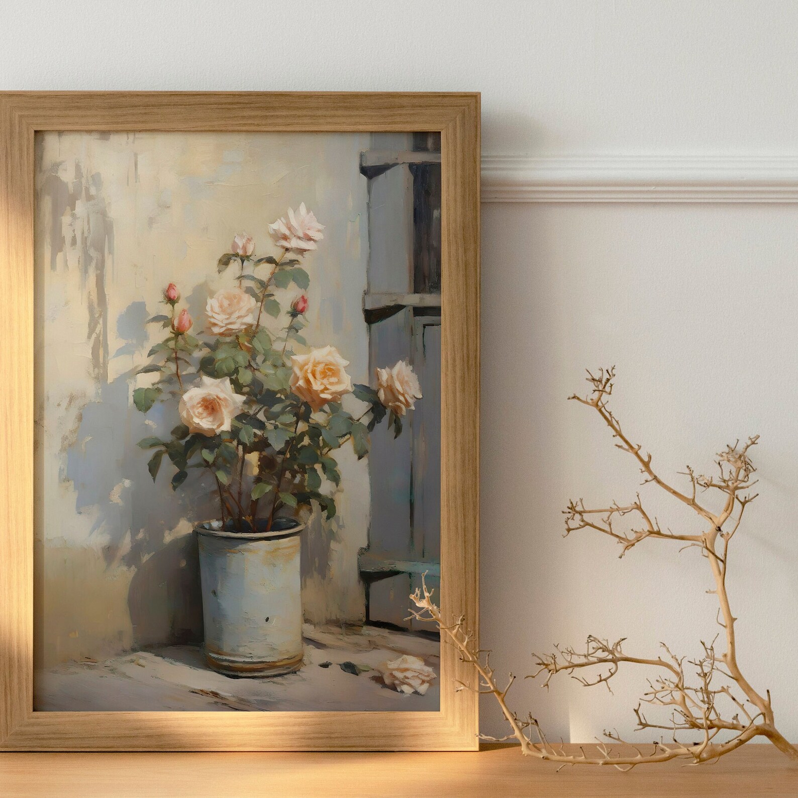 Antique Pink Roses Painting, Moody Floral Still Life Art (digital ...