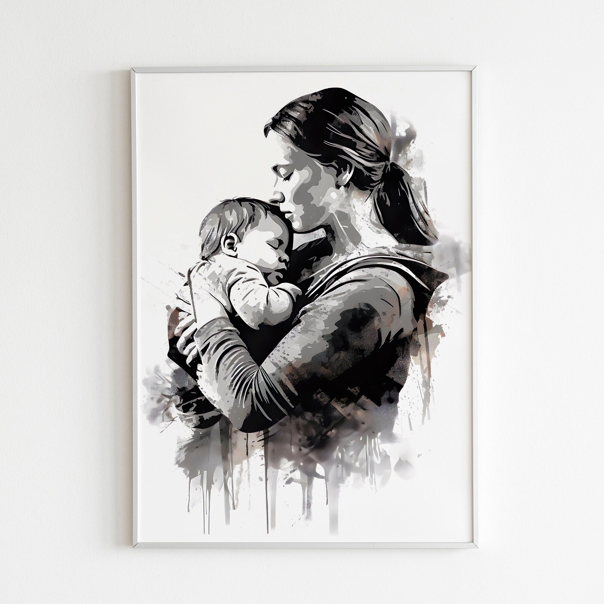 Mother and Child Art Print, Black and White Watercolor Decor (digital ...