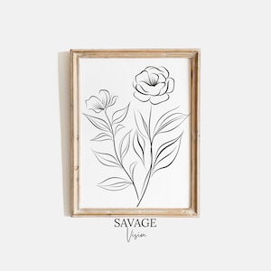 Flower Line art Print, Floral Print, Flower Wall Art, Botanical Print, Minimal Floral Print, Wildflower Print Flower Wall Decor
