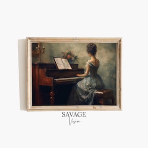 Vintage Woman Playing Piano Painting, Moody Music Wall Art (Digital Download)