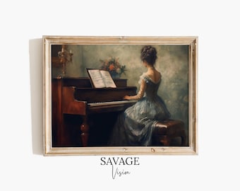 Vintage Woman Playing Piano Painting, Moody Music Wall Art (Digital Download)