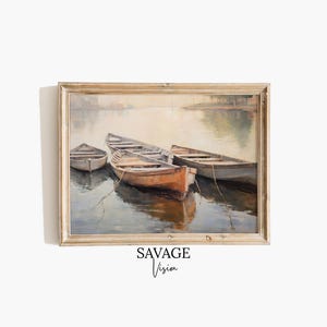 Vintage Fishing Boats Painting, Antique Lake House Print (Digital Decor)
