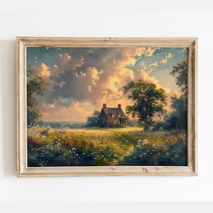 Vintage English Cottage Painting, Country Landscape Print, Cottage Spring and Summer Decor, Cottagecore Wall Art Decor, Farmhouse Print