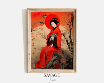 Roter Kimono Japanerin Portrait Druck, Vintage Fashion Art (digitaler Download)