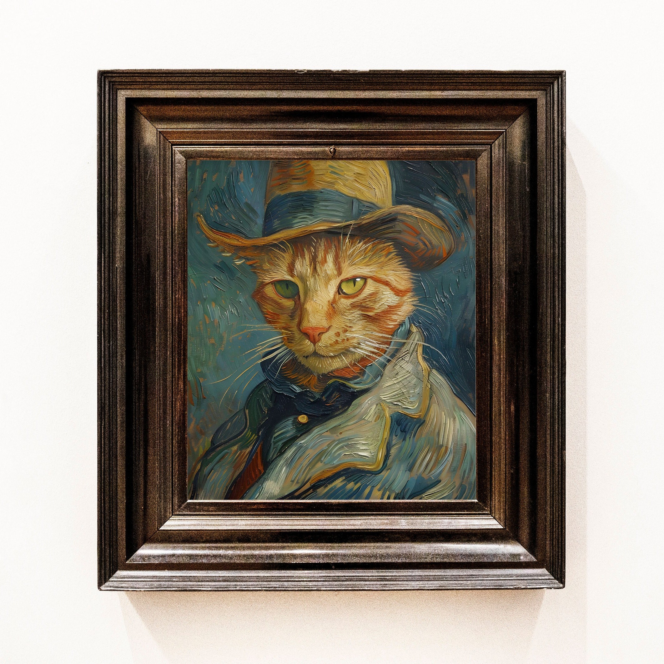 ゴッホ風猫の肖像画、アンティーク油絵、ペットの祭壇画（デジタル