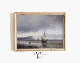 Vintage Coastal Seaside Painting, Fishing Boats Oil Painting, Nautical Ocean Art, Digital Download