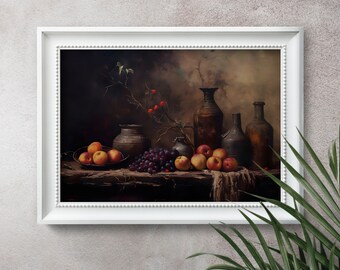 昭和レトロ 花瓶と果物 フルーツ 静物画 複製画 プリント 絵画 額縁 額装 絵画 額付き (銀）油絵 uF6-061304 静物（フルーツ）