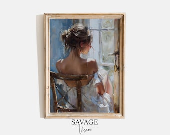 Antique Woman Portrait, Vintage Woman Sitting Painting, Victorian Lady Art, Moody Oil Painting, Moody Wall Art, Woman Dress Print