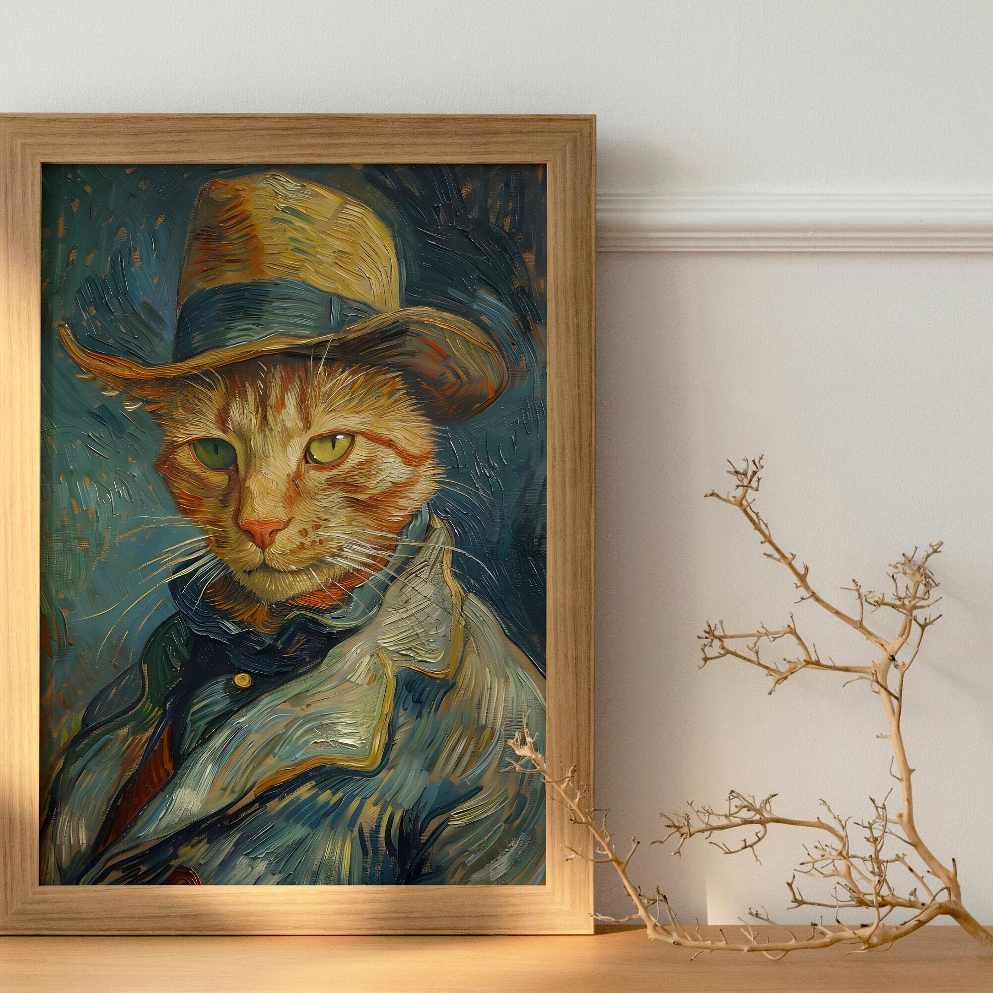 ゴッホ風猫の肖像画、アンティーク油絵、ペットの祭壇画（デジタル