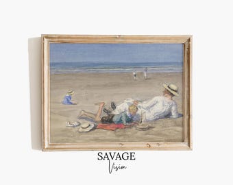 Vintage Beach House Painting: Neutral Coastal Wall Art (Digital Download)