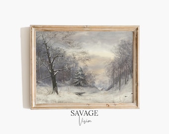 Vintage Winter Landscape Print, Snowy Forest Scene, Rustic Christmas Wall Art (Digital Download)