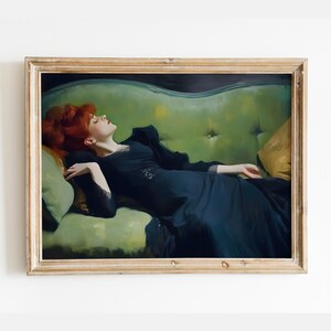 Tired Woman Painting, Decadent Young Woman After The Dance, Green Wall Art, Original Contemporary Print, Antique Wall Decor, PRINTABLE ART