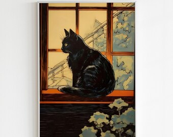 ヴィンテージの黒猫の絵画、窓辺の猫のプリント（デジタルダウンロード
