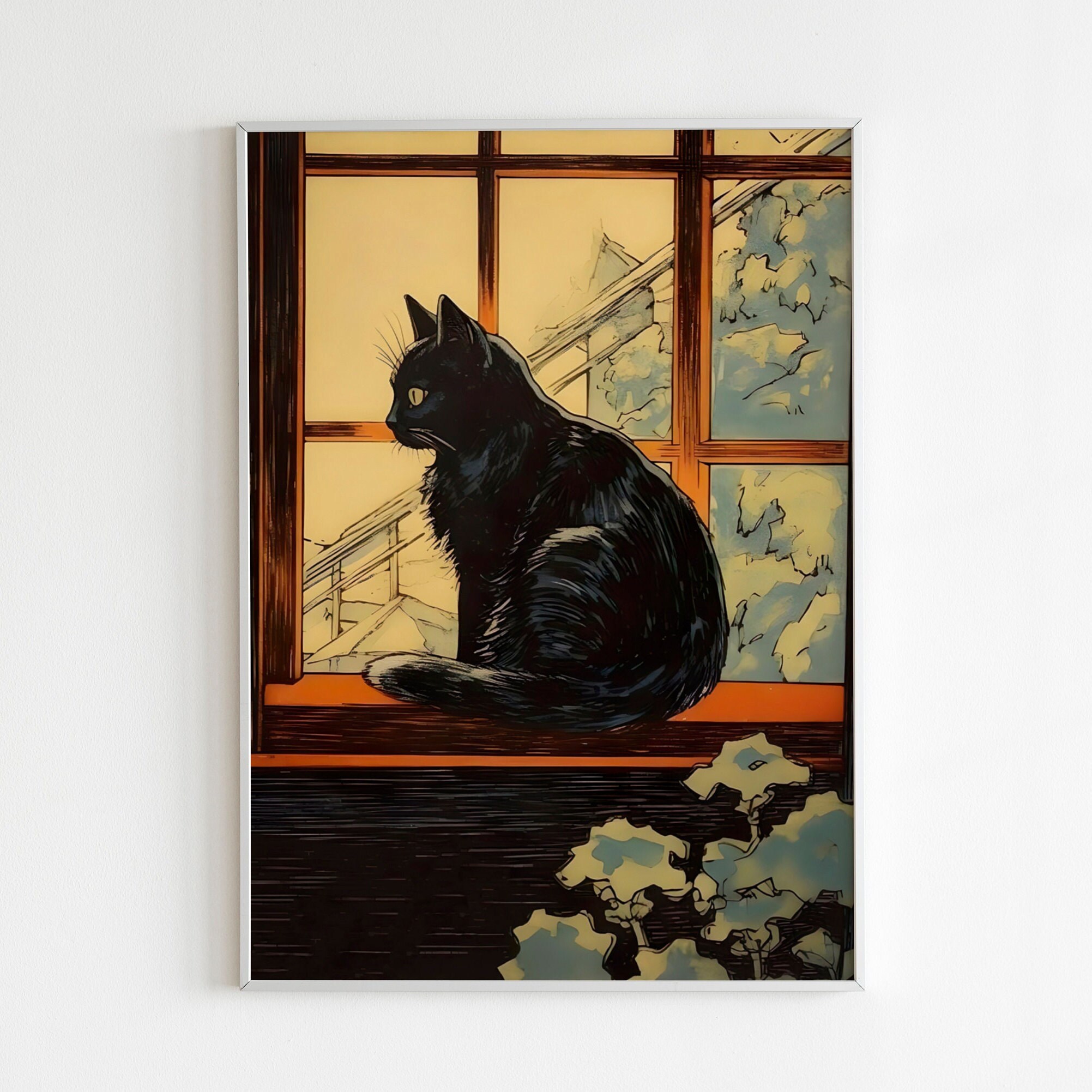 ヴィンテージの黒猫の絵画、窓辺の猫のプリント（デジタルダウンロード