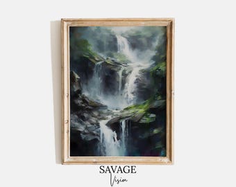 朝の熱帯林の美しい滝、デジタルダウンロードの壁アートの油絵。滝の