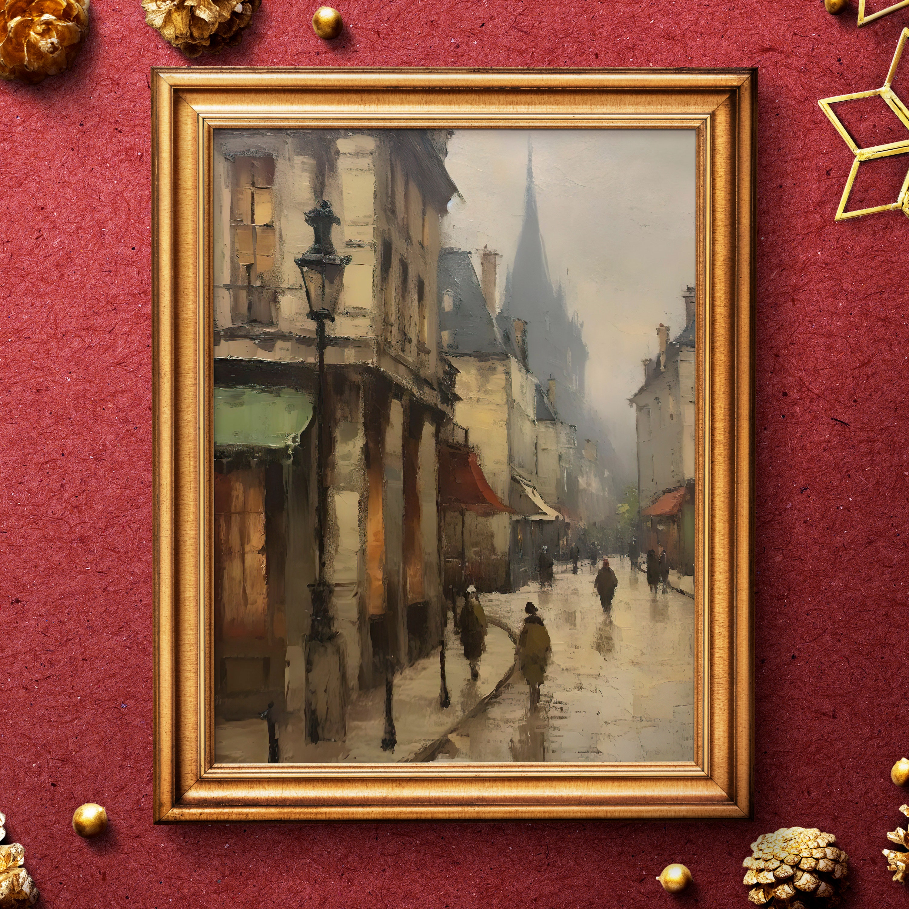 ヴィンテージフランスの街並みの絵画、アンティークな街並みの印刷可能