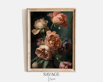 Sfeervolle vintage bloemenprint pioenrozen schilderij bloemen in vaas bloemboeket humeurige donkere rozen schilderij donkere bloemen stilleven olieverfschilderij