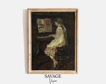 Lámina vintage de una chica tocando el piano, arte mural musical (descarga digital)