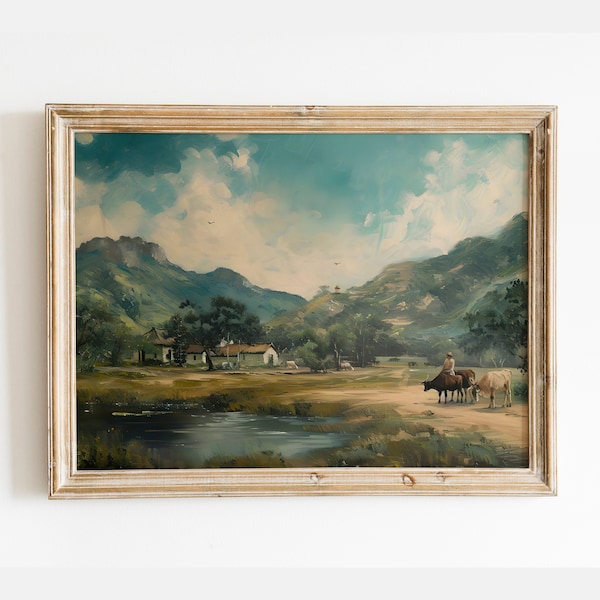 Indian Village Landscape Painting, Country Village Art Print, Rustic Mountain Painting, Farmhouse Print, Farm Land Painting, Digital Print