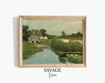 Antique Rural Landscape Painting, Farmhouse Meadow Wall Art, Cozy Cottagecore Art, Vintage River Print (Digital Download)