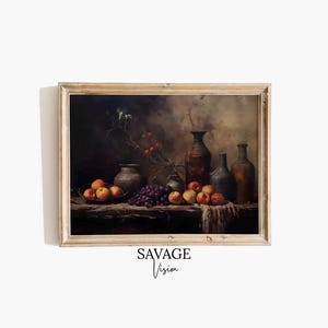 Vintage Fruits Still Life Painting, Antique Fruits Painting, Vintage Kitchen Decor, Moody Art Print, Vases and Fruits Wall Art