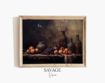 Vintage Fruits Still Life Art Print, Moody Kitchen Decor (Digital Download)