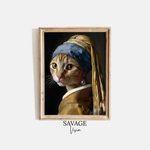 Cat With a Pearl Earring Painting, Vermeer Cat Wall Art, Cat Lover Gift, Girl With a Pearl Earring Print, Modern Wall Art, Cat Poster