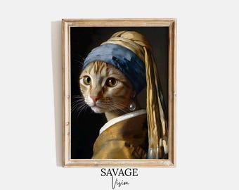 Cat With a Pearl Earring Painting, Vermeer Cat Wall Art, Cat Lover Gift, Girl With a Pearl Earring Print, Modern Wall Art, Cat Poster