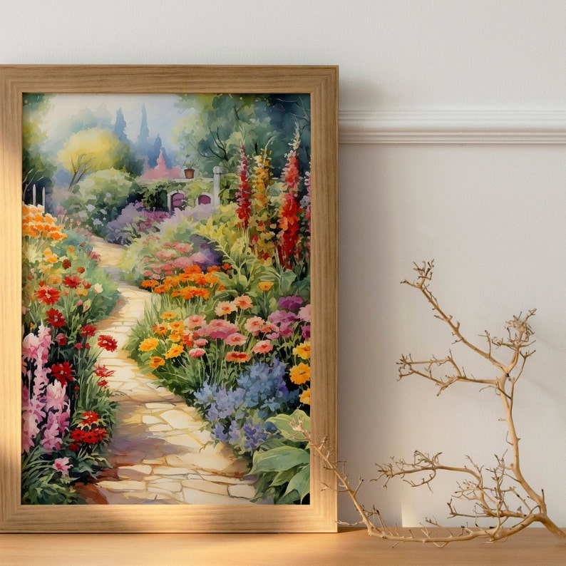 May include: A watercolor painting of a garden path lined with colorful flowers. The path is made of stone and leads to a small house in the distance. The flowers are in bloom and the colors are vibrant.
