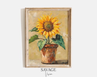 Sunflower Painting Print, Rustic Botanical Art (Digital Download)