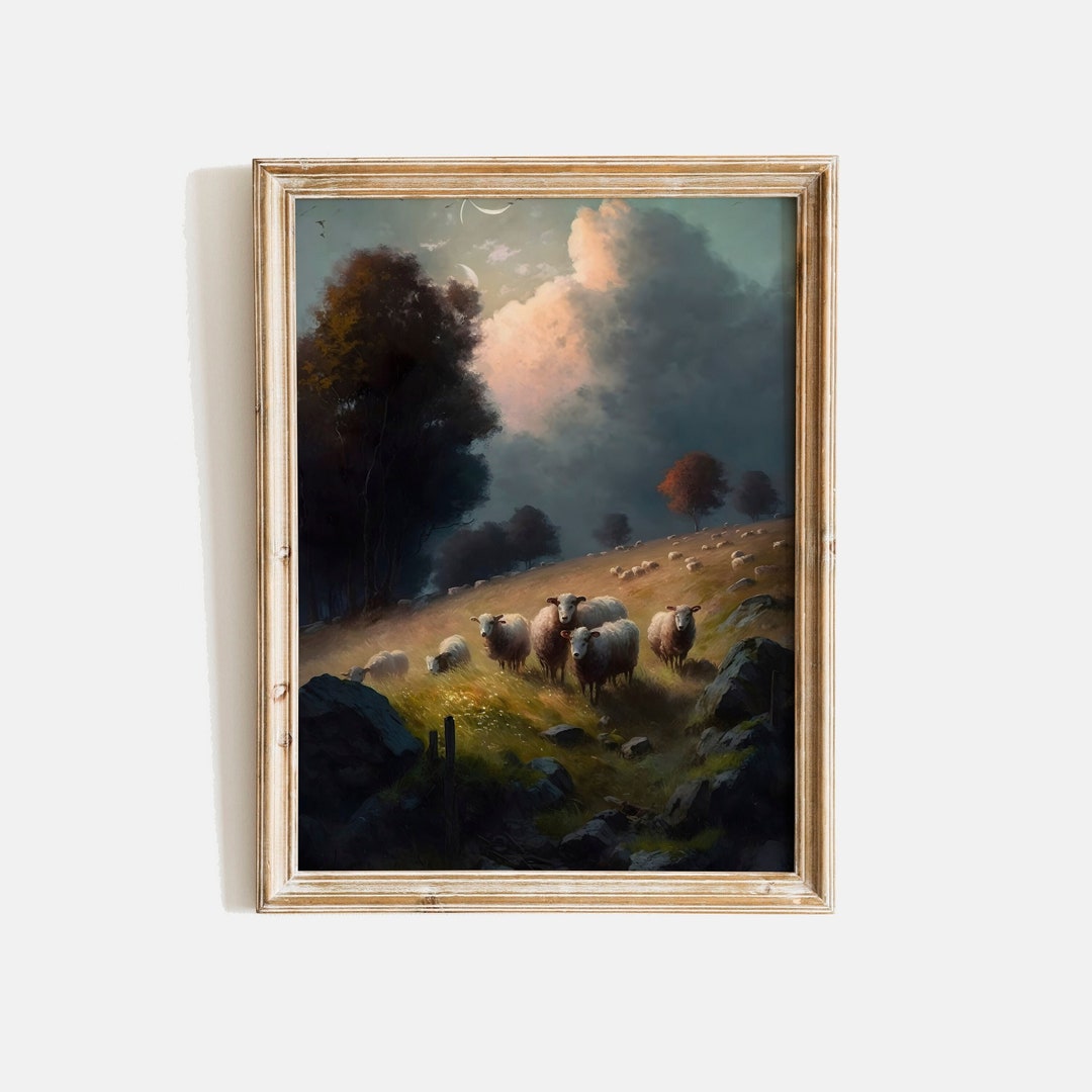 Vintage Landscape Painting of Sheep Farmhouse Wall Art Muted Sheep Oil ...