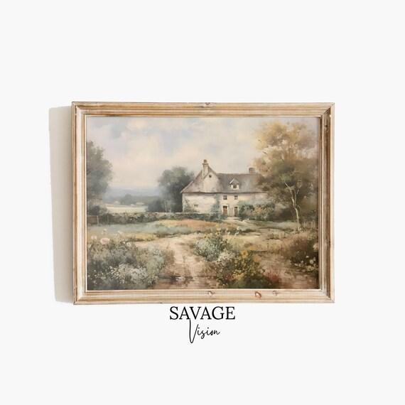 Vintage French Countryside Painting, Rustic Farmhouse Print (Digital Download)