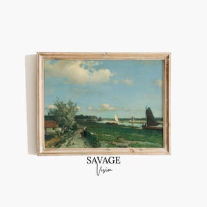 Antique Countryside Landscape Painting, Rustic Country Print, Meadow Painting, Farmhouse Wall Art, Moody Wall Art, Living Room Painting