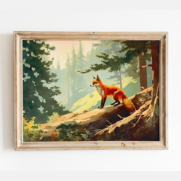 Fox Painting Printable Wall Art, Vintage Fox Print, Fox Wall Art, Nature Tree Art Print, Rustic Wall Decor, Antique Painting Animal Print