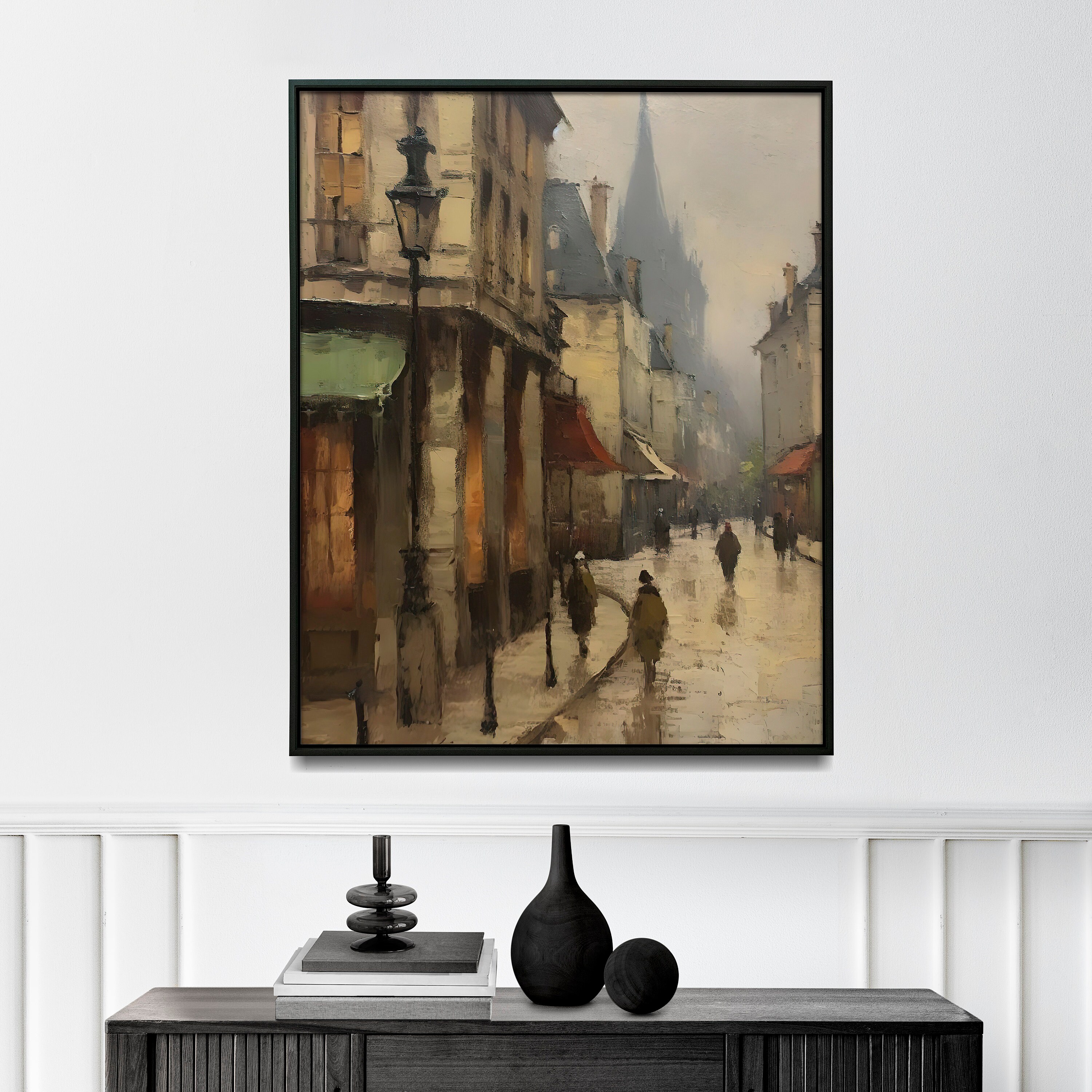 ヴィンテージフランスの街並みの絵画、アンティークな街並みの印刷可能