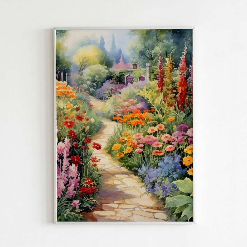 May include: A watercolor painting of a garden path lined with colorful flowers. The path is made of stone and leads to a small white building in the distance. The flowers are in bloom and include pink, red, orange, yellow, and purple.