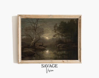Antique Moonlight Gothic Forest Painting, Dark Academia Art (Digital Download)