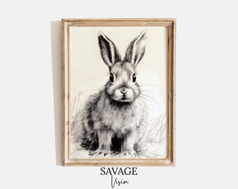 Vintage Rabbit Drawing, Antique Rabbit Sketch, Antique Bunny Print, Vintage Rabbit Painting, Black & White Drawing, Nursery Decor