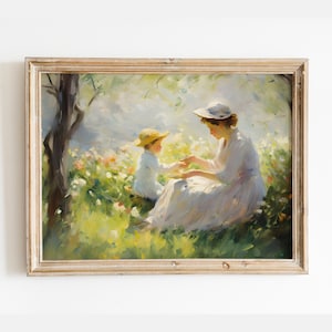 母と息子の絵画、ヴィンテージの庭の絵画、母性のプリント、花に囲まれたヴィンテージの母と子、春の絵画
