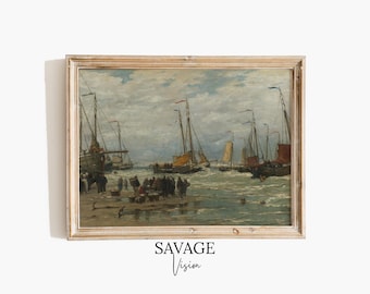 Vintage Harbor Seascape Painting: Antique Nautical Ships Art (Digital Download)