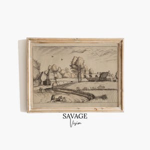 Vintage Country Houses Drawing, Minimalist Wall Art, Neutral Landscape Drawing, Country Wall Art, Antique Home Decor Art, Printable Wall Art